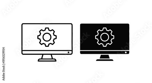 Vector illustration of computer monitor with gear icon for settings and configuration on a transparent background