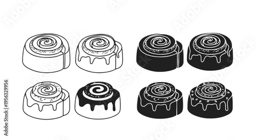 Vector illustration of set of cinnamon rolls icons, vector illustration of sweet pastry buns on a transparent background