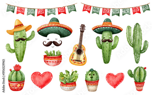 Happy cactus celebrates Cinco de Mayo with guitar and decorations