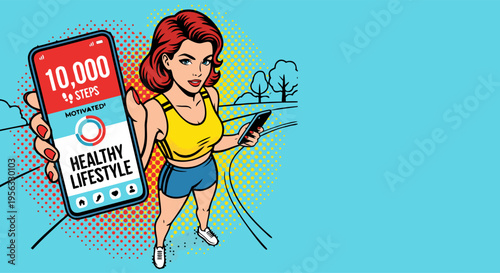 Fit Woman Showing 10,000 Steps on Smartphone Fitness Tracker App Pop Art Vector Illustration for Healthy Lifestyle, Wellness Coaching, and Exercise Marketing with Copy