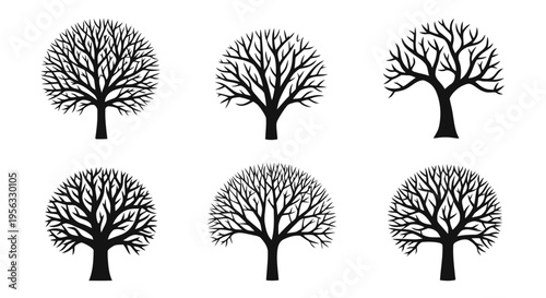 Vector illustration of set of silhouettes of bare trees with branches on a transparent background