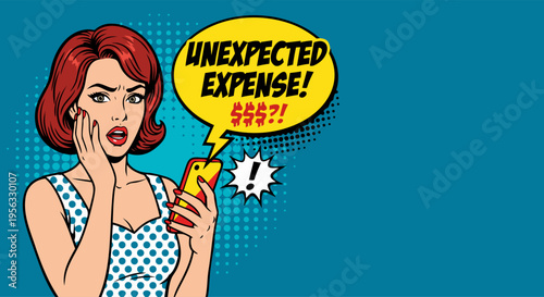 Shocked Woman with Unexpected Expense Notification on Smartphone Pop Art Vector for Personal Finance Budgeting and Emergency Fund Marketing with Copy Space