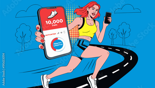 Fit Woman Running and Showing 10,000 Steps Achievement on Smartphone Fitness Tracker App for Healthy Lifestyle Motivation and Wellness Marketing Vector