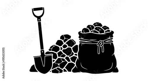 Vector illustration of coal shovel and sack of coal, mining industry vector illustration on a transparent background