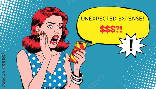 Shocked Woman with Unexpected Expense Notification on Smartphone Pop Art Vector for Personal Finance Budgeting and Emergency Fund Marketing with Copy Space
