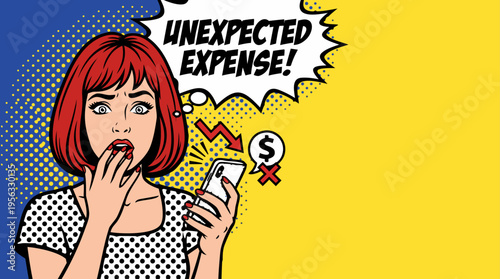 Shocked Woman with Unexpected Expense Notification on Smartphone Pop Art Vector for Personal Finance Budgeting and Emergency Fund Marketing with Copy Space