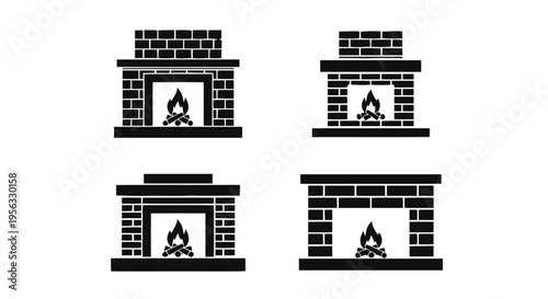 Vector illustration of set of four different fireplace icons with burning wood logs on a transparent background