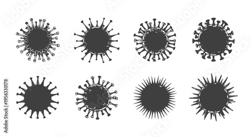 Vector illustration of set of virus icons, coronavirus, bacteria, and pathogen cell illustrations on a transparent background