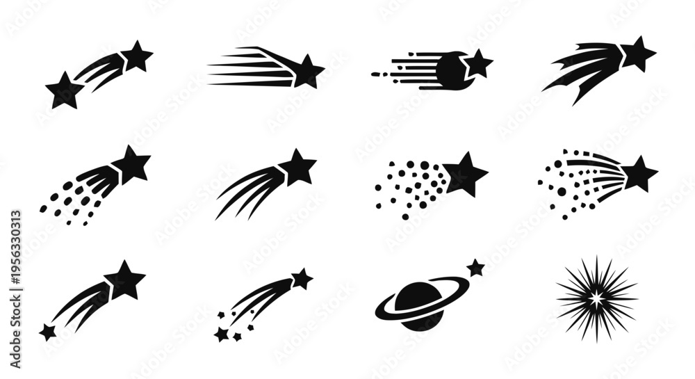 Fototapeta premium Vector illustration&nbsp;of set of shooting stars and comet icons, vector illustration on a transparent background