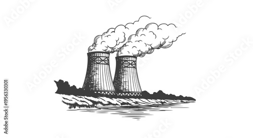 Vector illustration of sketch of nuclear power plant cooling towers with smoke on a transparent background