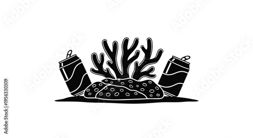 Vector illustration of coral reef with discarded soda cans as a symbol of ocean pollution on a transparent background