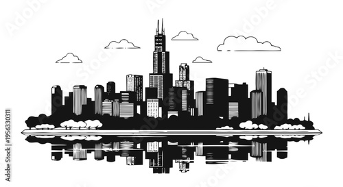 Vector illustration of chicago city skyline silhouette with reflection in water on a transparent background