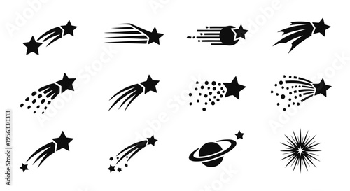 Vector illustration of set of shooting stars and comet icons, vector illustration on a transparent background