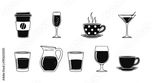Vector illustration of set of various drink icons, including coffee cups, glasses, and a pitcher on a transparent background