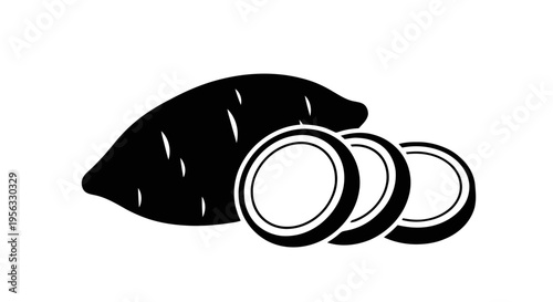 Vector illustration of sweet potato icon, vector illustration of a whole and sliced sweet potato on a transparent background