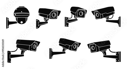 Vector illustration of set of security cameras icons, cctv surveillance systems on a transparent background