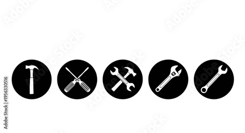 Vector illustration of set of construction tools icons, hammer, screwdriver and wrench on a transparent background