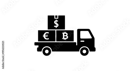 Vector illustration of delivery truck carrying boxes with us dollar, euro and bitcoin currency symbols on a transparent background