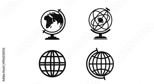 Vector illustration of set of globe icons, world map and planet symbols on a transparent background