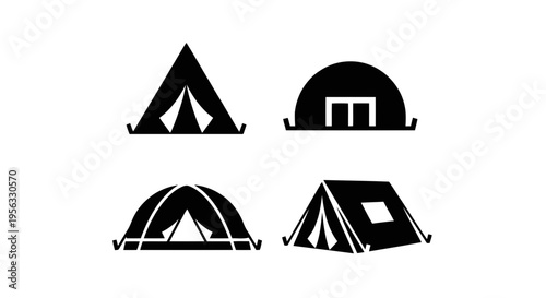 Vector illustration of set of four different camping tent icons in black and white on a transparent background