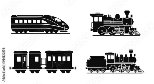 Vector illustration of set of black silhouettes of different types of trains on a transparent background