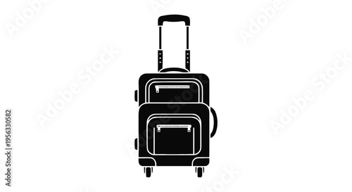 Vector illustration of black icon of a travel suitcase with wheels and an extendable handle on a transparent background