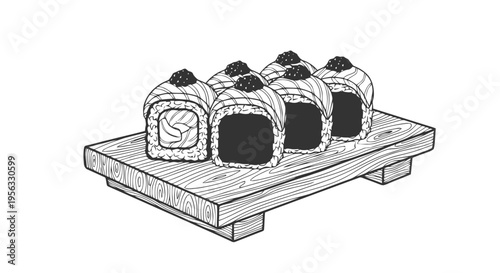 Vector illustration of hand drawn sushi rolls on a wooden serving board on a transparent background