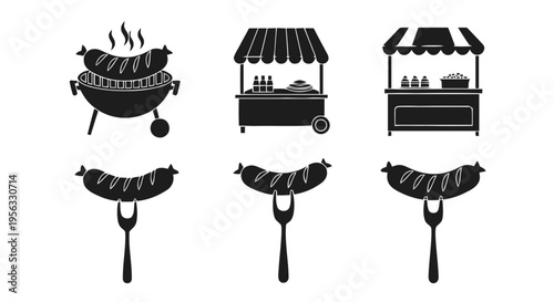 Vector illustration of set of sausage icons, street food, grill and food stalls on a transparent background