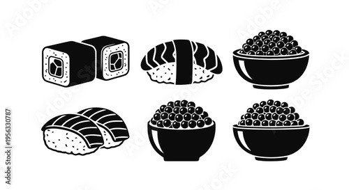 Vector illustration of set of sushi and caviar icons on a transparent background