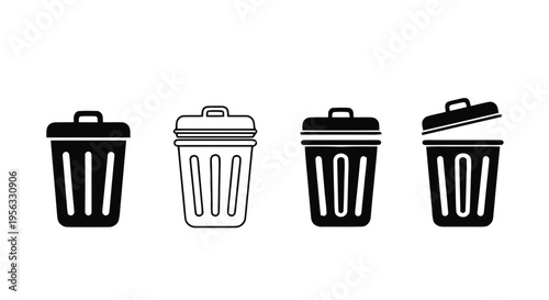Vector illustration of set of trash can icons, garbage bin symbols, waste basket vector illustrations on a transparent background