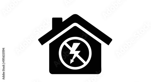 Vector illustration of black icon of a house with a lightning bolt symbol inside a forbidden sign on a transparent background