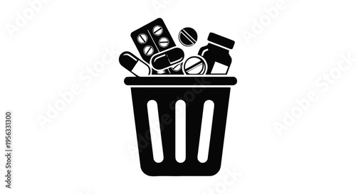 Vector illustration of trash can full of various pills and medicine bottles icon on a transparent background