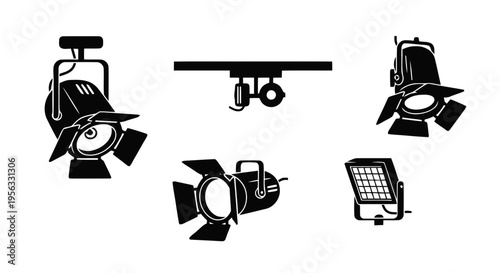 Vector illustration of set of professional stage spotlights and studio lighting equipment icons on a transparent background