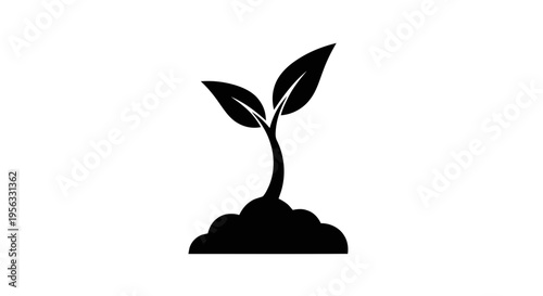 Vector illustration of black silhouette of a small plant sprout growing from soil on a transparent background
