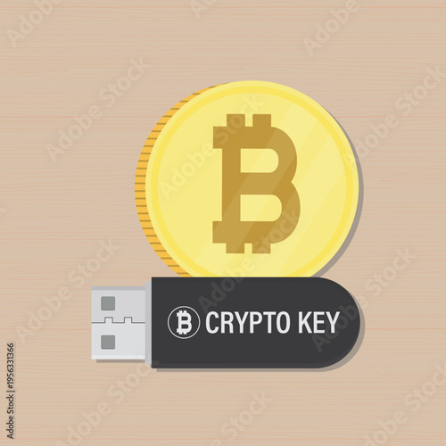 Bitcoin and black USB disk hardware wallet labeled - crypto key. Concept of secure cold storage for digital assets and blockchain security. Protection off crypto assets.