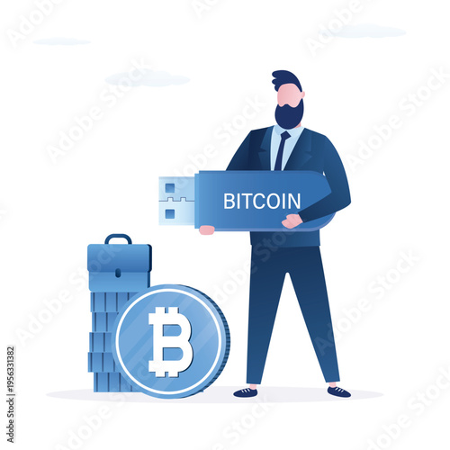 Professional businessman investor holds large USB flash drive as secure hardware wallet for Bitcoin coins. Concept of digital asset storage and crypto safety.