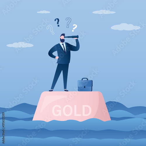 Businessman stands on large gold bar floating in wavy sea, using spyglass to find his way amidst floating question marks. Market navigation, volatility and financial risk.