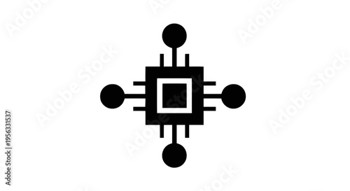 Vector illustration of microchip icon with connection nodes on a transparent background