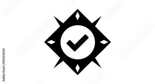 Vector illustration of check mark icon inside a compass star shape on a transparent background
