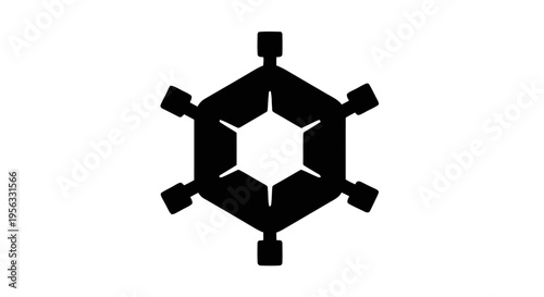 Vector illustration of abstract hexagonal geometric icon with six protruding square elements on a transparent background