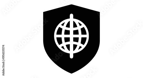 Vector illustration of shield icon with globe symbol inside, representing global security and protection on a transparent background