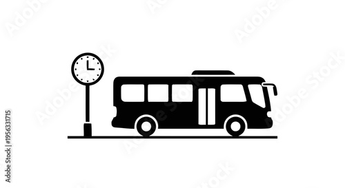 Vector illustration of bus stop icon with a clock and a bus on a transparent background