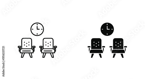 Vector illustration of waiting room chairs with wall clock icon set on a transparent background