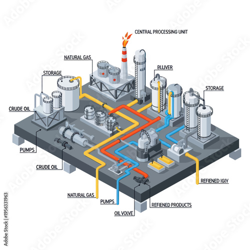 Isometric illustration of an oil refinery processing plant, showing crude oil input, natural gas supply, central processing unit, storage tanks, pumps, and refined product output.
