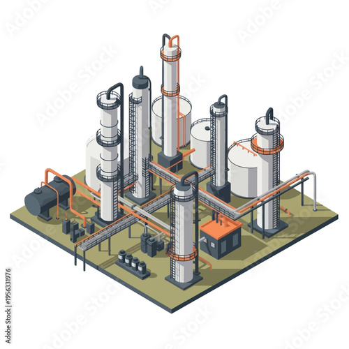 Isometric illustration of an industrial oil refinery complex with distillation columns, storage tanks, and piping systems.