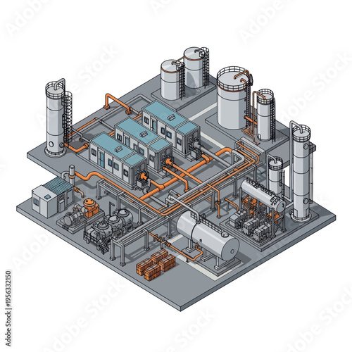 Isometric illustration of a complex industrial plant with multiple interconnected units, tanks, pipes, and machinery, showcasing a sophisticated manufacturing or processing facility.