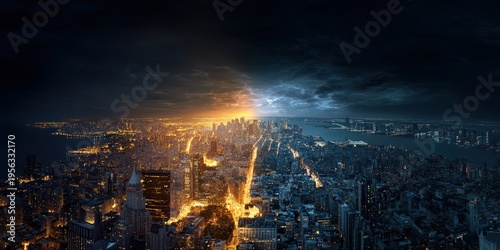 City split into light and darkness energy 