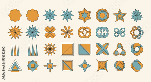 Groovy retro graphic elements with abstract geometric shapes, stylized flowers, and star patterns for vibrant design projects and modern vintage aesthetics