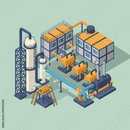 Isometric illustration of an industrial chemical processing plant with distillation columns, pumps, and storage tanks.