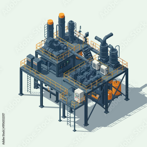 Isometric illustration of a complex industrial processing plant with multiple levels, pipes, and machinery.